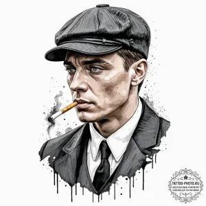 A trash polka portrait of tommy shelby, with... - эскиз тату (№1751944479_0, 08.07.2025 03:14) — tattoo-photo.ru