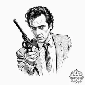 A graphic novel panel of the assassination of... - эскиз тату (№1751947602_0, 08.07.2025 04:06) — tattoo-photo.ru