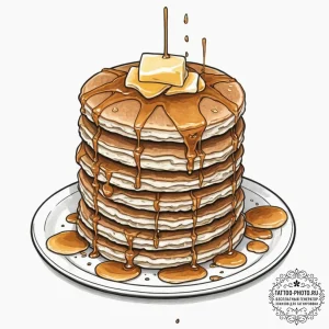 A stack of fluffy pancakes with syrup drippin... - эскиз тату (№1751947773_0, 08.07.2025 04:09) — tattoo-photo.ru