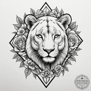 Tattoo sketch a powerful lioness face, serene... - эскиз тату (№1751948024_0, 08.07.2025 04:13) — tattoo-photo.ru