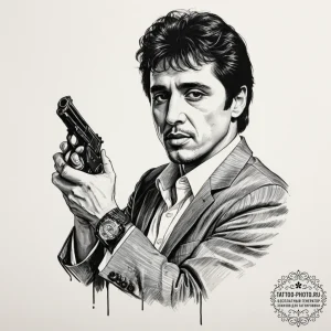 A graphic novel panel of tony montana from sc... - эскиз тату (№1751948946_0, 08.07.2025 04:29) — tattoo-photo.ru