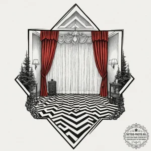 A surrealist tattoo sketch of the black lodge... - эскиз тату (№1751959528_0, 08.07.2025 07:25) — tattoo-photo.ru