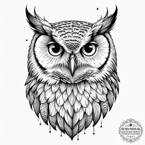 Tattoo design a watchful owl, eyes piercing,... - эскиз тату (№1751963441_0, 08.07.2025 08:30) — tattoo-photo.ru