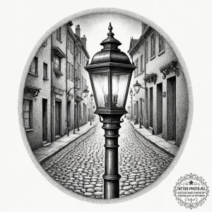 A flickering gas lamp on a historic, cobblest... - эскиз тату (№1751964030_0, 08.07.2025 08:40) — tattoo-photo.ru