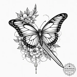 Tattoo sketch a butterfly resting on the blad... - эскиз тату (№1751964284_0, 08.07.2025 08:44) — tattoo-photo.ru