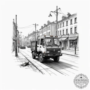 A street sweeper cleaning a city street in th... - эскиз тату (№1751964536_0, 08.07.2025 08:48) — tattoo-photo.ru