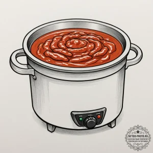 A close-up of a bubbling pot of tomato sauce... - эскиз тату (№1751965124_0, 08.07.2025 08:58) — tattoo-photo.ru