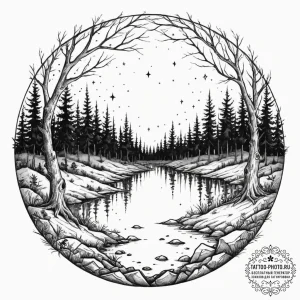 Tattoo design a forest scene where the ground... - эскиз тату (№1751965966_0, 08.07.2025 09:12) — tattoo-photo.ru