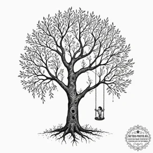 Tattoo sketch a single mighty tree with a swi... - эскиз тату (№1751968206_0, 08.07.2025 09:50) — tattoo-photo.ru
