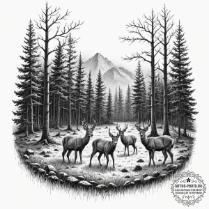 A small herd of deer grazing in a forest clea... - эскиз тату (№1751969709_0, 08.07.2025 10:15) — tattoo-photo.ru