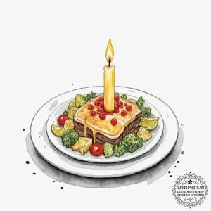 A candlelit dinner for one in a dimly lit roo... - эскиз тату (№1751975189_0, 08.07.2025 11:46) — tattoo-photo.ru