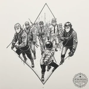 A graphic novel panel of the bank robbery sce... - эскиз тату (№1751988000_0, 08.07.2025 15:20) — tattoo-photo.ru