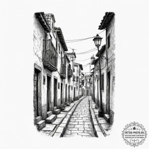 A narrow, colorful street in a mexican villag... - эскиз тату (№1751989672_0, 08.07.2025 15:47) — tattoo-photo.ru