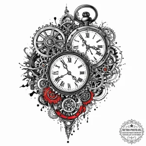 Pocket watch with exposed gears, tattoo flash... - эскиз тату (№1752003574_0, 08.07.2025 19:39) — tattoo-photo.ru