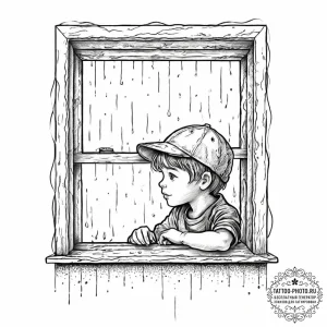 A child looking out a rain-streaked window on... - эскиз тату (№1752004087_0, 08.07.2025 19:48) — tattoo-photo.ru