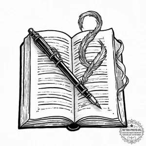 Tattoo sketch a quill pen on one, an open boo... - эскиз тату (№1752005276_0, 08.07.2025 20:07) — tattoo-photo.ru
