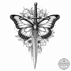 Tattoo sketch a butterfly resting on the blad... - эскиз тату (№1752006044_0, 08.07.2025 20:20) — tattoo-photo.ru