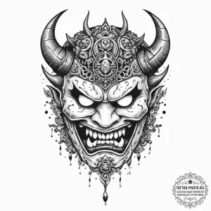 A trash polka tattoo of a japanese oni mask,... - эскиз тату (№1752009885_0, 08.07.2025 21:24) — tattoo-photo.ru