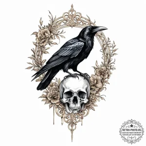 A raven perched on a skull, ink illustration... - эскиз тату (№1752010829_0, 08.07.2025 21:40) — tattoo-photo.ru