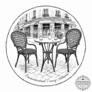 A charming parisian street cafe, with wicker... - эскиз тату (№1752014491_0, 08.07.2025 22:41) — tattoo-photo.ru