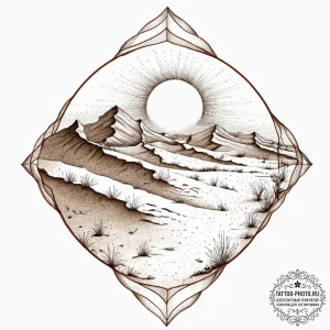 A desert landscape at sunset, the sand dunes... - эскиз тату (№1752020548_0, 09.07.2025 00:22) — tattoo-photo.ru