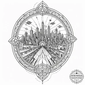 Dystopian city skyline with flying vehicles,... - эскиз тату (№1752060144_0, 09.07.2025 11:22) — tattoo-photo.ru