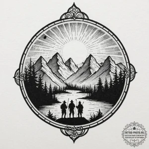 Tattoo sketch a group of adventurers silhouet... - эскиз тату (№1752061789_0, 09.07.2025 11:49) — tattoo-photo.ru