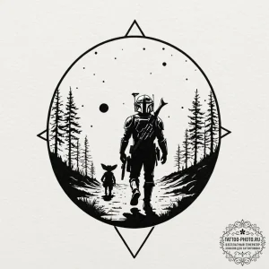 Graphic art of the mandalorian and grogu walk... - эскиз тату (№1752081548_0, 09.07.2025 17:19) — tattoo-photo.ru