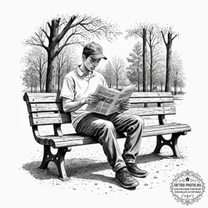 A person reading a newspaper on a park bench.... - эскиз тату (№1752082194_0, 09.07.2025 17:29) — tattoo-photo.ru