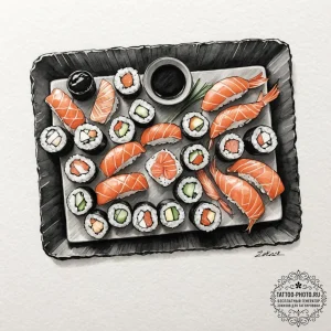 A spread of sushi and sashimi arranged artful... - эскиз тату (№1752084323_0, 09.07.2025 18:05) — tattoo-photo.ru