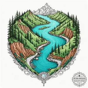 An aerial drone shot of a vibrant turquoise r... - эскиз тату (№1752085978_0, 09.07.2025 18:32) — tattoo-photo.ru