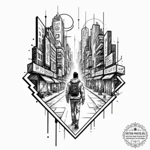 Tattoo design a cyberpunk street scene with a... - эскиз тату (№1752086813_0, 09.07.2025 18:46) — tattoo-photo.ru