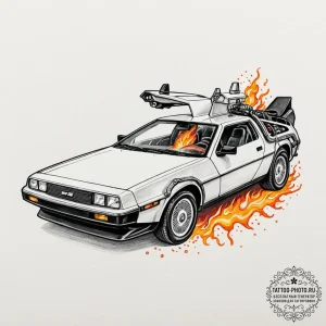 A neo-traditional tattoo of the delorean time... - эскиз тату (№1752086897_0, 09.07.2025 18:48) — tattoo-photo.ru