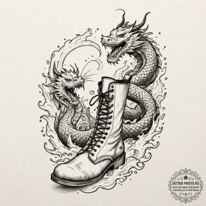 Tattoo design a pair of combat boots, scuffed... - эскиз тату (№1752087154_0, 09.07.2025 18:52) — tattoo-photo.ru