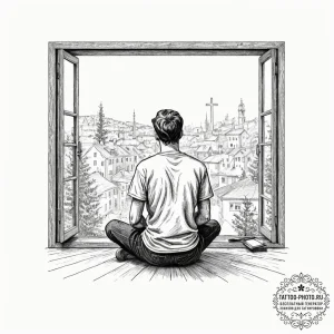Tattoo sketch a person sitting in a dimly lit... - эскиз тату (№1752087825_0, 09.07.2025 19:03) — tattoo-photo.ru