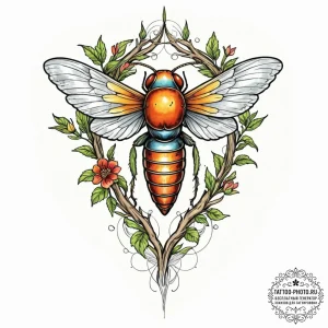 Tattoo sketch a cicada perched on a dead bran... - эскиз тату (№1752089164_0, 09.07.2025 19:26) — tattoo-photo.ru