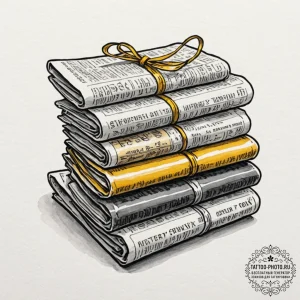 A close-up of a stack of old, yellowed newspa... - эскиз тату (№1752091015_0, 09.07.2025 19:56) — tattoo-photo.ru