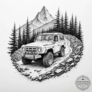 A rugged, mud-splattered 4x4 off-road vehicle... - эскиз тату (№1752091612_0, 09.07.2025 20:06) — tattoo-photo.ru