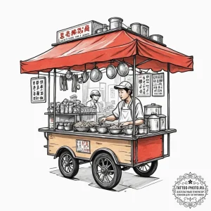 A street food vendor serving noodles from a c... - эскиз тату (№1752093413_0, 09.07.2025 20:36) — tattoo-photo.ru
