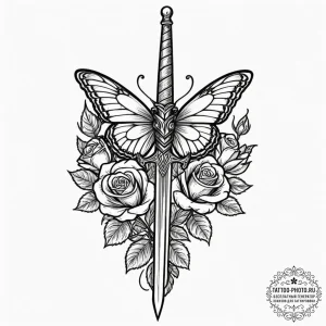 Tattoo sketch a butterfly resting on the blad... - эскиз тату (№1752096622_0, 09.07.2025 21:30) — tattoo-photo.ru