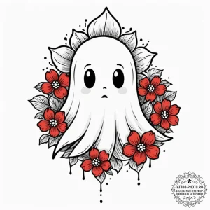 Tattoo design a cute, stylized ghost peeking... - эскиз тату (№1752096876_0, 09.07.2025 21:34) — tattoo-photo.ru