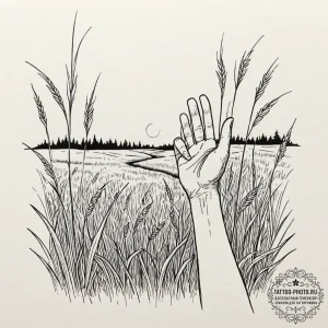 A person's hand reaching out to touch a field... - эскиз тату (№1752098512_0, 09.07.2025 22:01) — tattoo-photo.ru