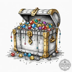 A neo-traditional design of a treasure chest,... - эскиз тату (№1752098683_0, 09.07.2025 22:04) — tattoo-photo.ru