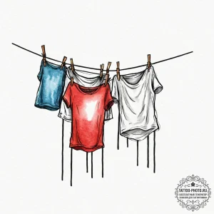 A person hanging laundry on a clothesline on... - эскиз тату (№1752102190_0, 09.07.2025 23:03) — tattoo-photo.ru