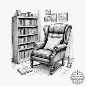 A quiet corner of a used bookstore, with over... - эскиз тату (№1752103947_0, 09.07.2025 23:32) — tattoo-photo.ru