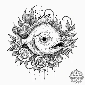 Deep-sea anglerfish, tattoo line art, dotwork... - эскиз тату (№1752104948_0, 09.07.2025 23:49) — tattoo-photo.ru