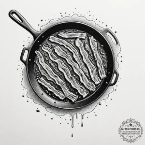 A close-up of a sizzling strip of bacon in a... - эскиз тату (№1752110305_0, 10.07.2025 01:18) — tattoo-photo.ru