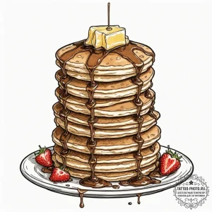 A stack of fluffy pancakes with syrup drippin... - эскиз тату (№1752113393_0, 10.07.2025 02:09) — tattoo-photo.ru