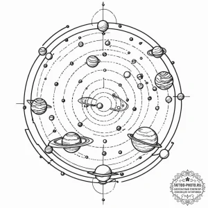 Solar system model (orrery), ink illustration... - эскиз тату (№1752113812_0, 10.07.2025 02:16) — tattoo-photo.ru