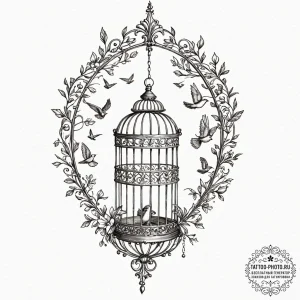 Open birdcage with birds flying out, artistic... - эскиз тату (№1752115155_0, 10.07.2025 02:39) — tattoo-photo.ru